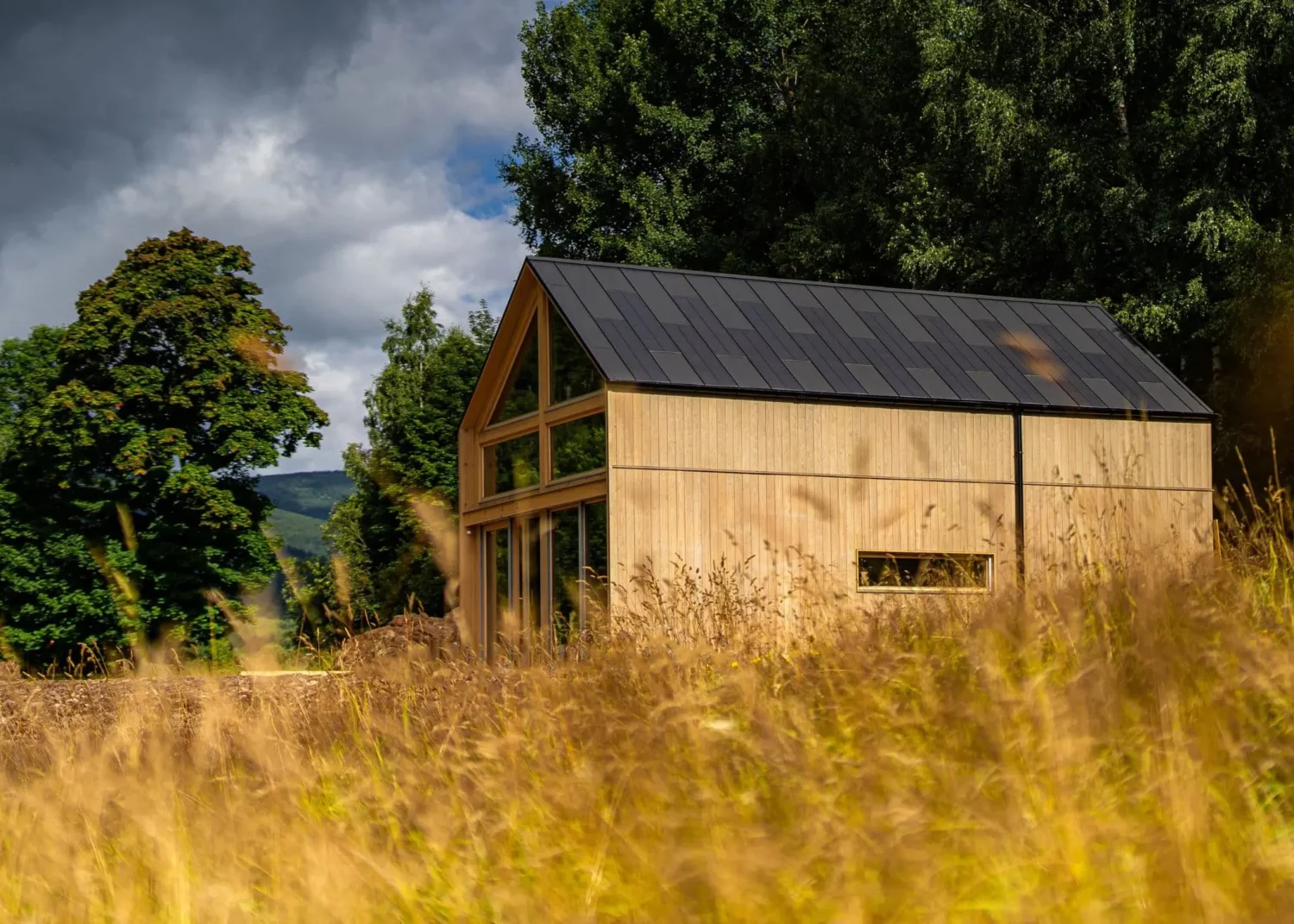Timber cabin in tall grass with a dark SolRoof FIT VOLT standing-seam solar roof, manufacturer photo of a European installation