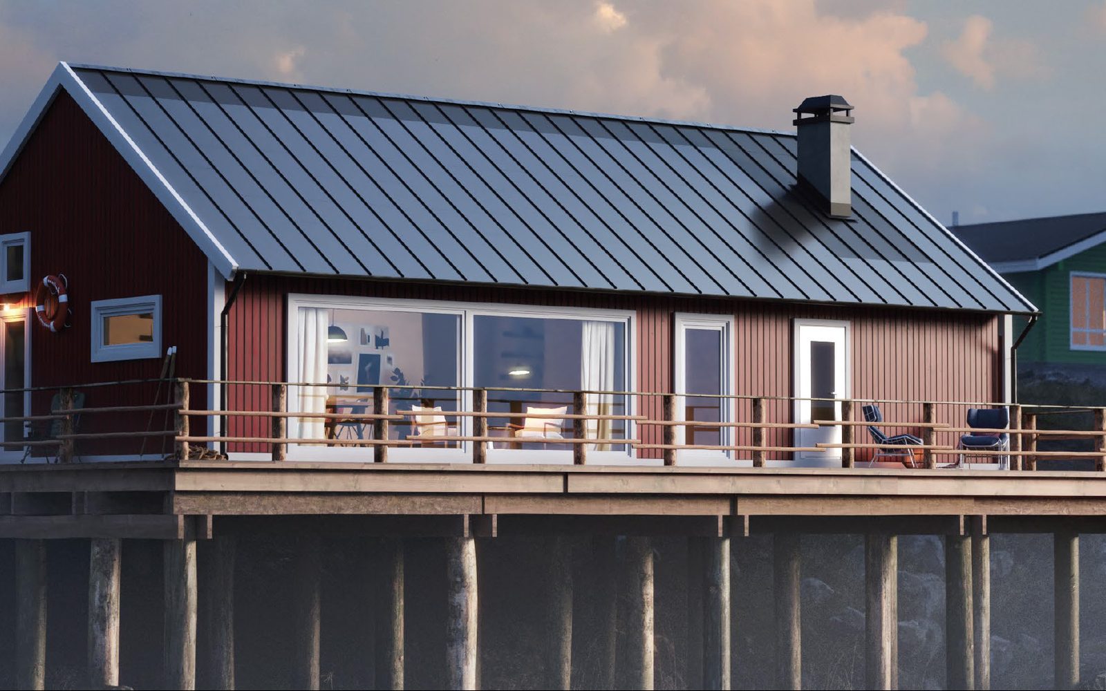 Gable-roofed timber house with a dark Roofit Velario standing-seam solar roof, manufacturer image